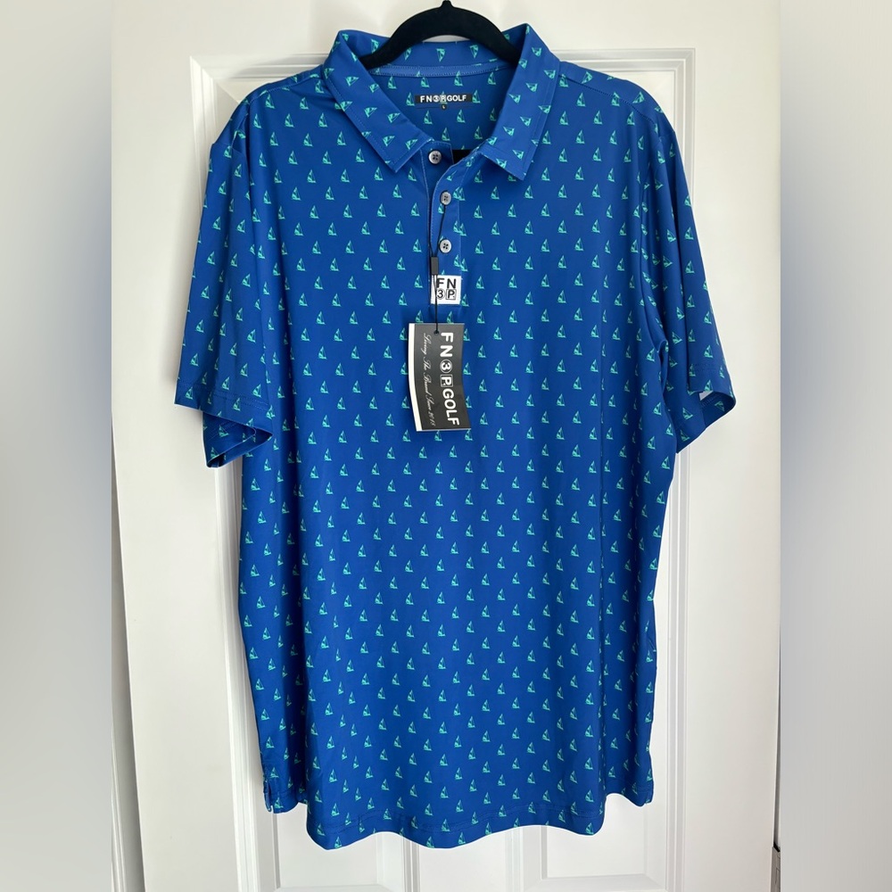 NWT- FN3P Golf Men’s Polo Blue with Green Sailboat Design Size: Large